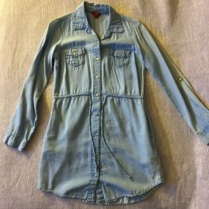 GUESS Womens Blue Denim Long Sleeve Button-Down Drawstring Jean Shirt Dress